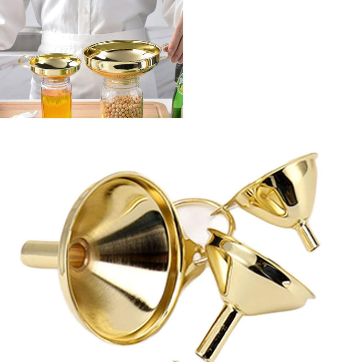 3 Stück Gold Edelstahl Trichter Set Küchenöl Flüssigmetall Küchentrichter mit Einer Schmalen Ventils