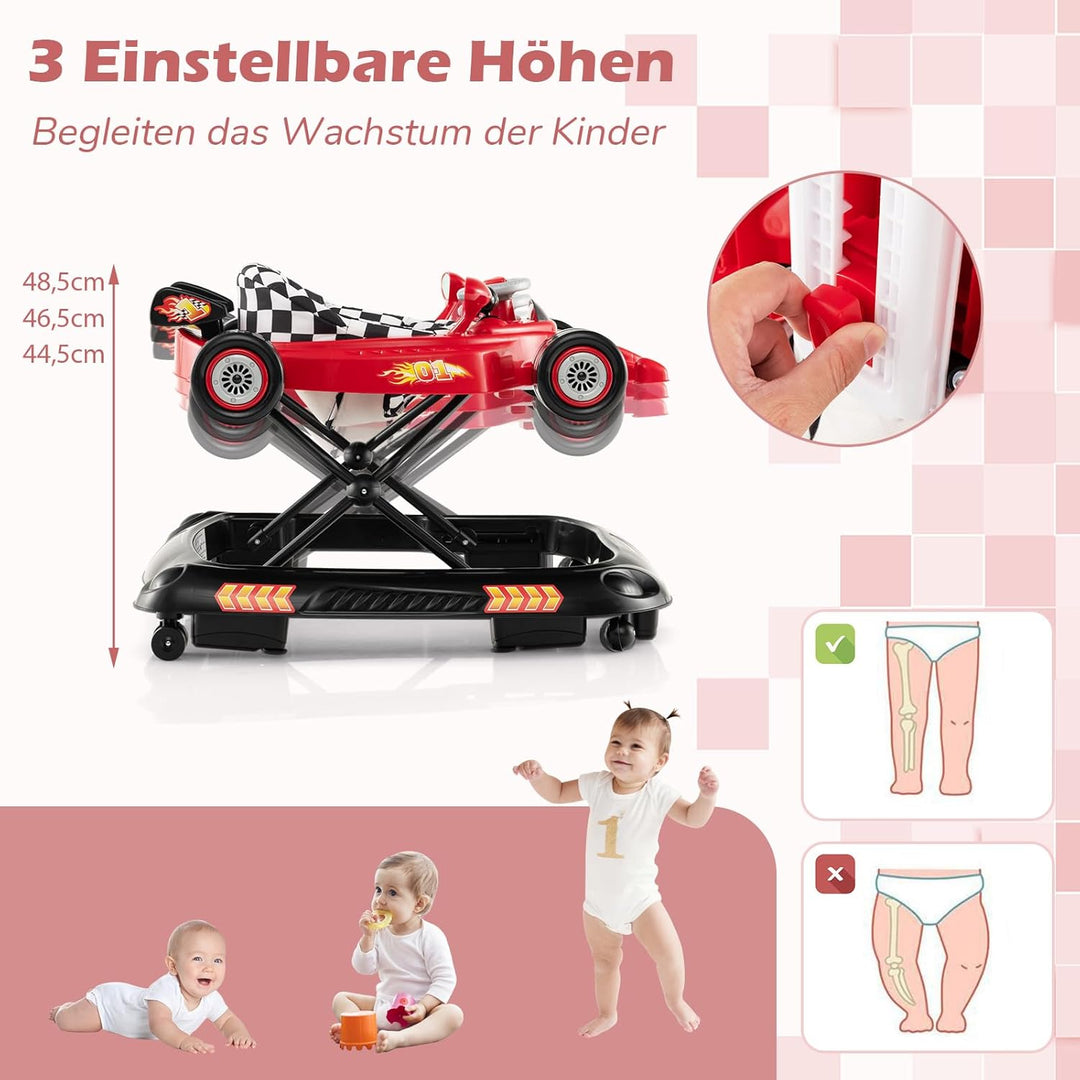 DREAMADE Lauflernwagen Klappbar, Rennauto-Motiv Lauflernhilfe mit 3 Einstellbaren Höhen, Abnehmbarem