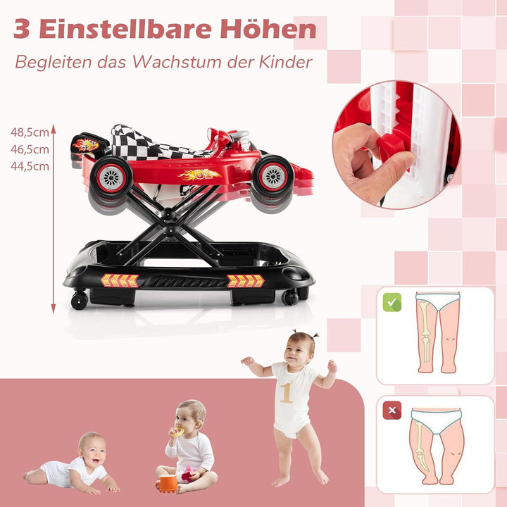 DREAMADE Lauflernwagen Klappbar, Rennauto-Motiv Lauflernhilfe mit 3 Einstellbaren Höhen, Abnehmbarem