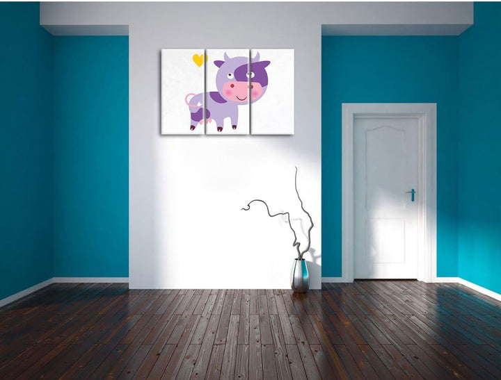 Pixxprint Niedliche Kuh weiss 3-Teiler Leinwandbild 120x80 Bild auf Leinwand