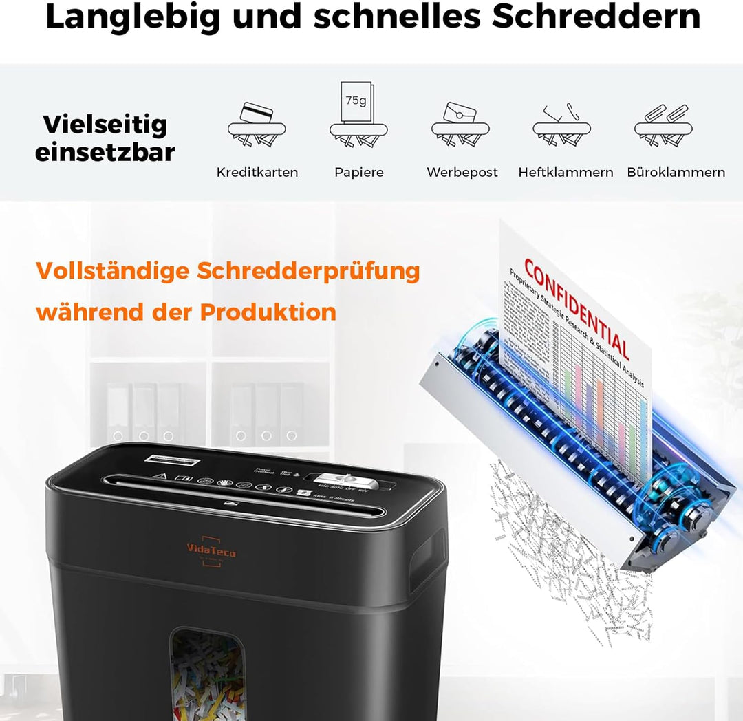 Schredder, 6 Blatt Kreuzschnitt (P-4) Aktenvernichter, VidaTeco Partikelschnitt Papierschredder für