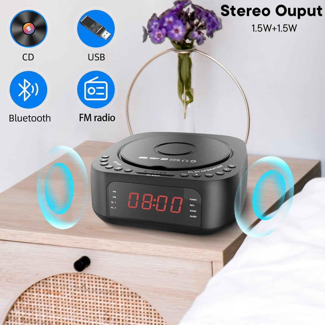 CD-Player-Wecker mit Fernbedienung, Verstellbarem LED-Display, USB-Ladegerät und Dimmbarem Display f