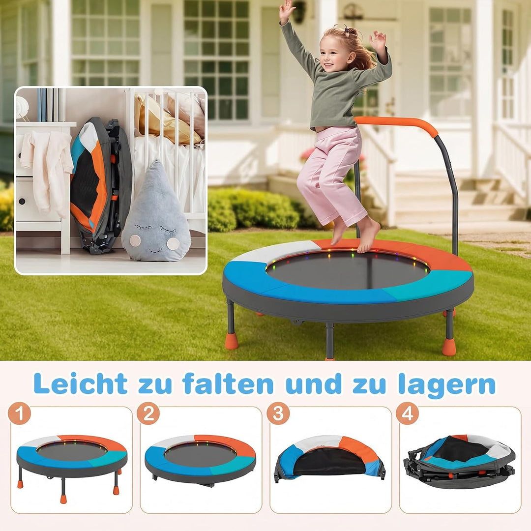 COSTWAY Ø90 cm Kinder Trampolin, Minitrampolin faltbar mit LED Beleuchtung, Fitness Trampolin Indoor