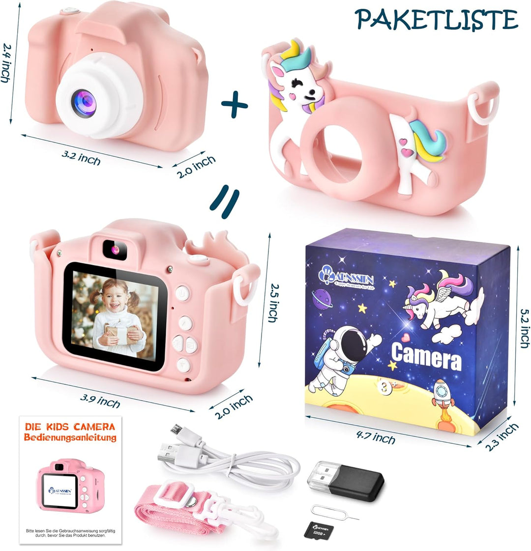 Kinderkamera, Digitalkamera Kinder mit HD IPS Bildschirm, 10 Denkspiele & Vollständiger Objektivschu