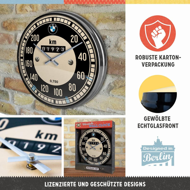 Nostalgic-Art Retro Wanduhr, Ø 31 cm, BMW – Tachometer – Geschenk-Idee für BMW Accessoires Fans, Ori