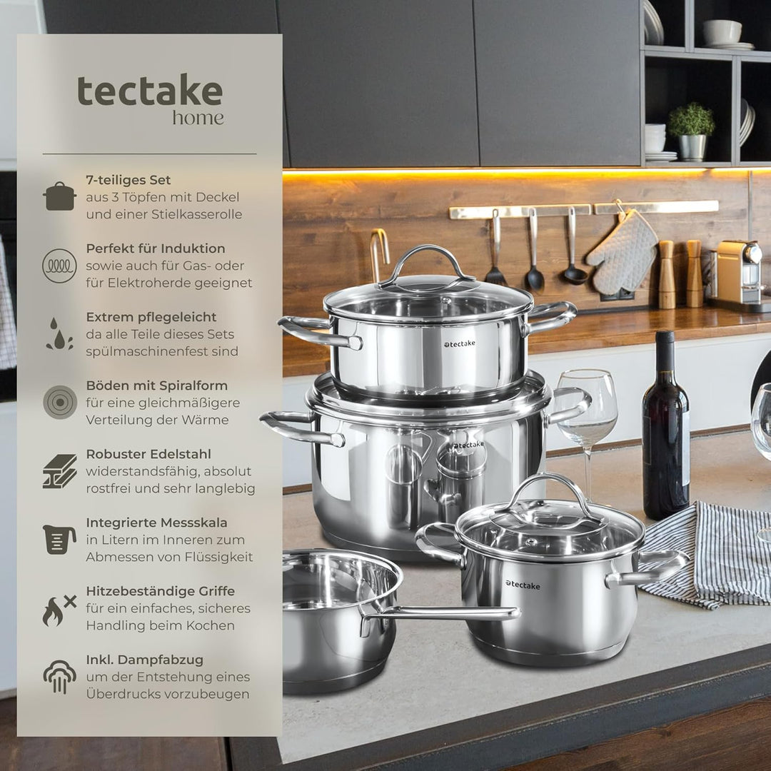 tectake® 7-tlg. Topfset, Edelstahl Kochgeschirr, Töpfe Set mit Deckel, Kochtopf Set für Induktionsko