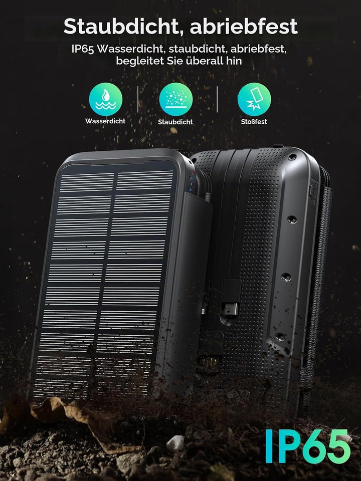 Solar Powerbank 20000mAh, Tragbares Solar-Ladegerät mit 4 Solar-Panels, Outdoor Wasserfester Externe