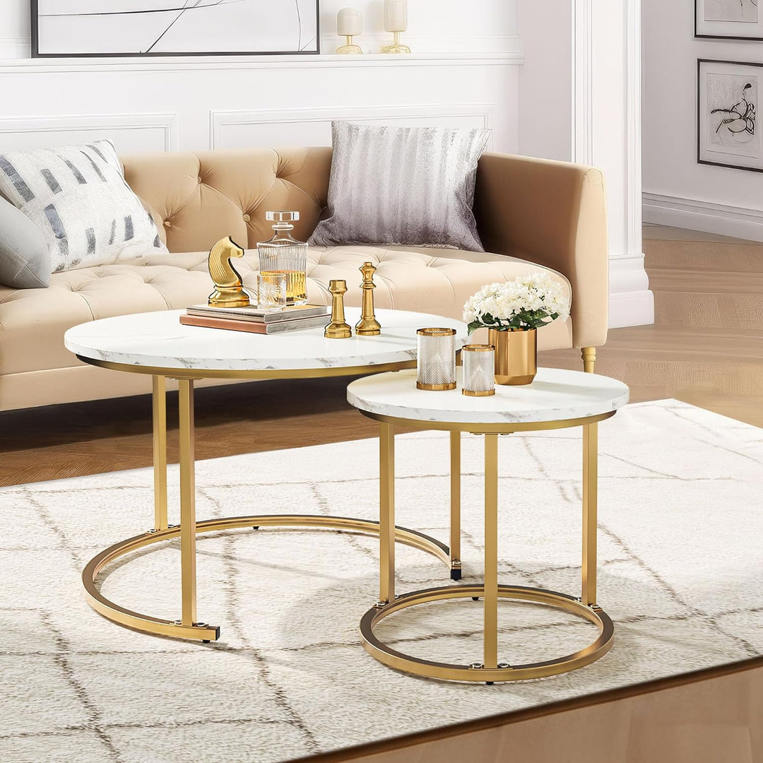 YITAHOME Couchtisch 2er Set Rund, Wohnzimmertisch Modern, Stapelbar, mit Stauraum, Holzplatte, Metal