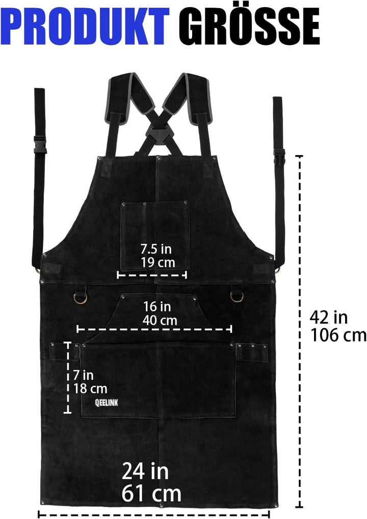 QeeLink Schweisserschürze Leder mit 6 Taschen, Lederschürze – Flammhemmende & Hitzebeständige Arbeit