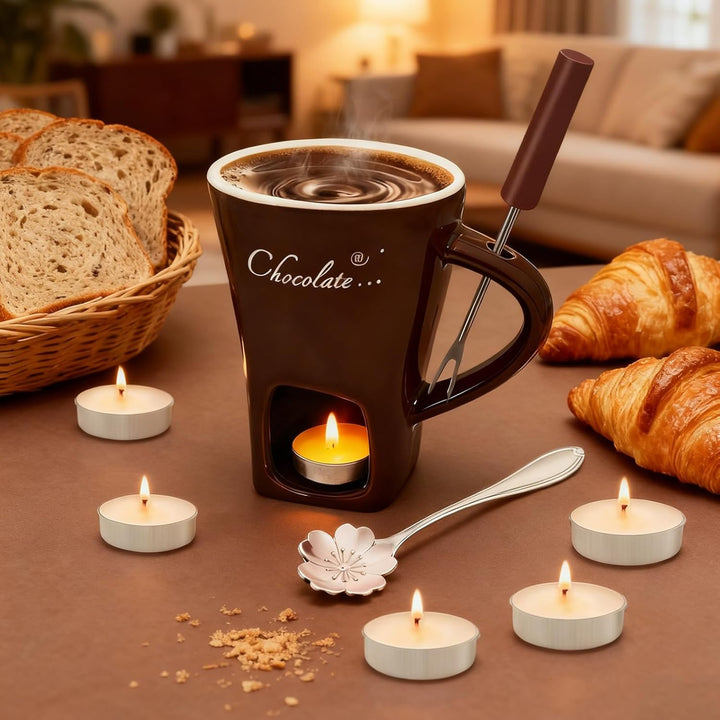 Schokofondue Tasse, 200ml Schokoladen Fondue Becher Set, Keramik Schokoladenfondue Set, mit Gabel un