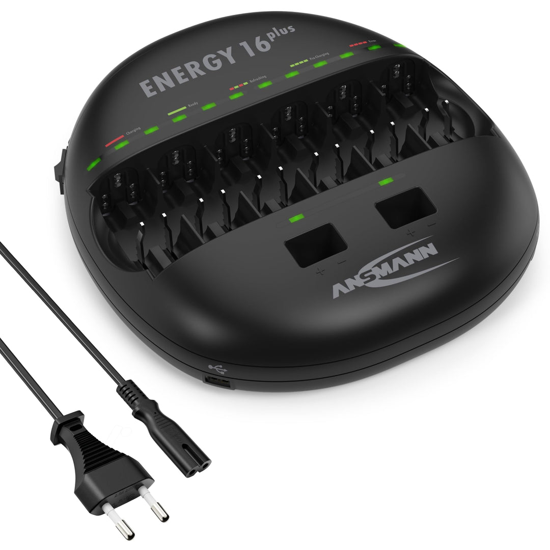 ANSMANN Energy 16 Plus Akku Ladegerät - Ladestation für AAA, AA, C, D, 9V E-Block & USB - Schnelllad