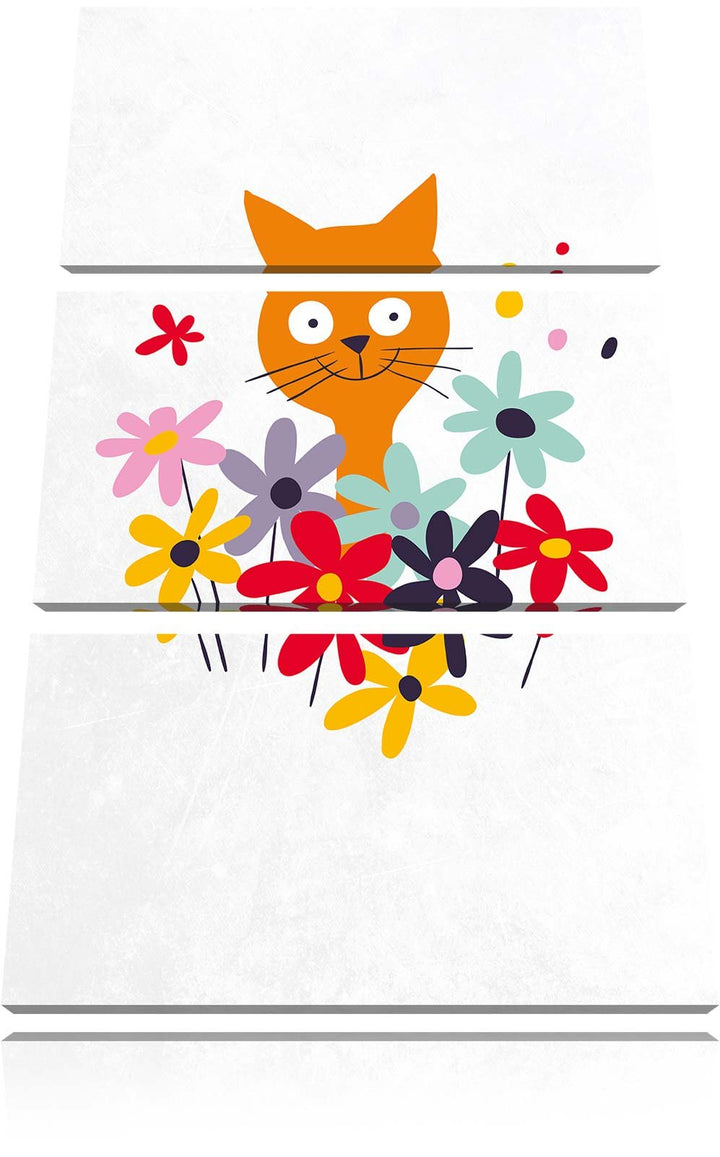 Pixxprint Fröhliche Katze mit Blumen als Leinwandbild/Grösse: 3 Teilig (120x80) cm/Wandbild/Kunstdru