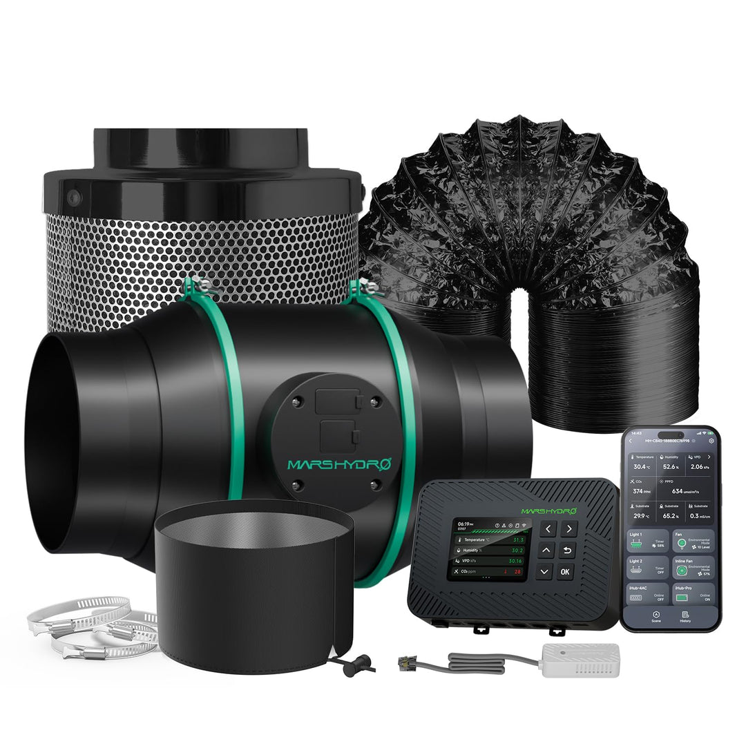 MARS HYDRO 6 Inch 402CFM Inline Fan with Temperature and Humidity Controller, Carbon Filter, and 25