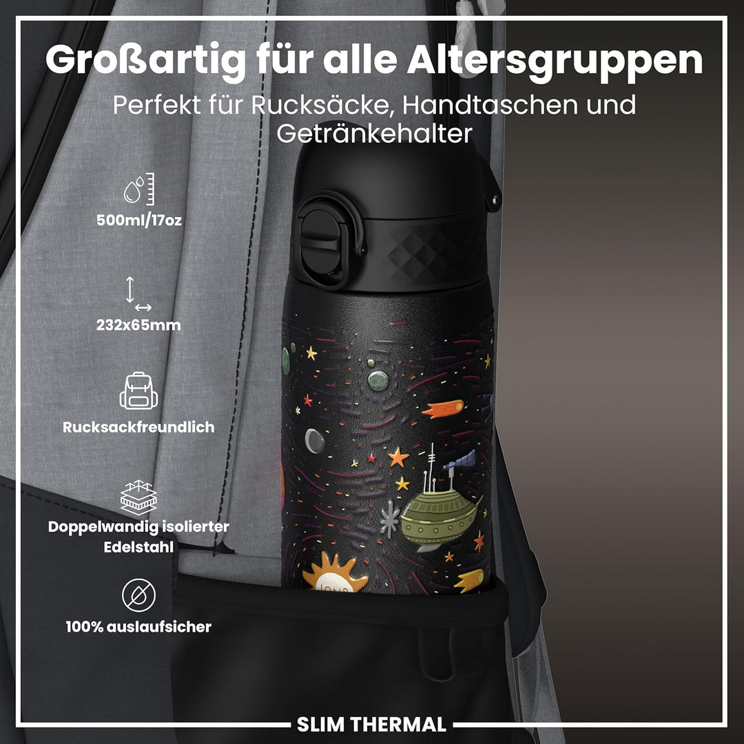 ion8 Vakuumisolierte Edelstahl-Trinkflasche, 500 ml, Auslaufsicher, Einhandöffnung, Sichere Verriege