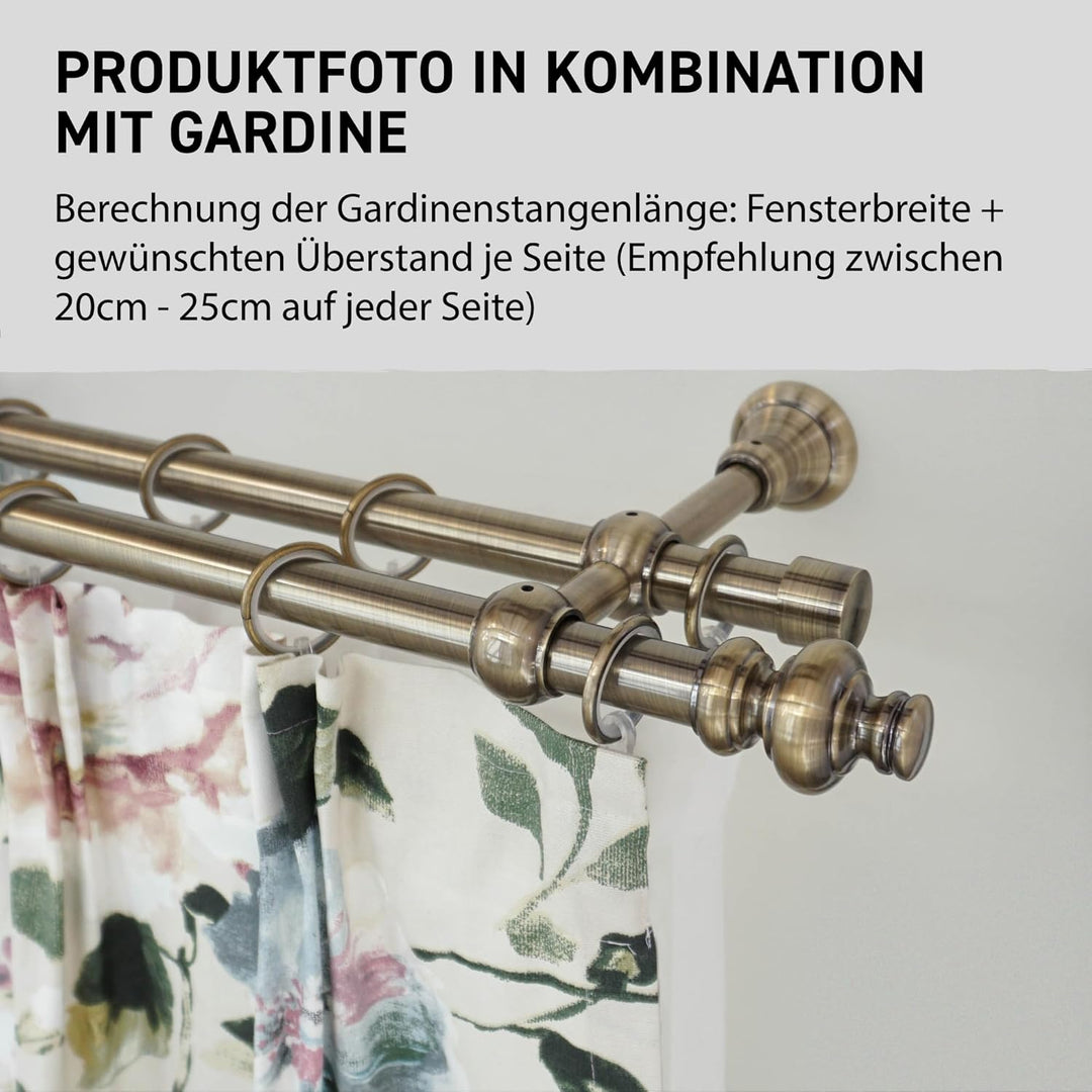 Garesa Gardinenstange Andrea Ø 20mm, 2-läufig, Messing, antik I Stabile Vorhangstange inkl. Ringe +
