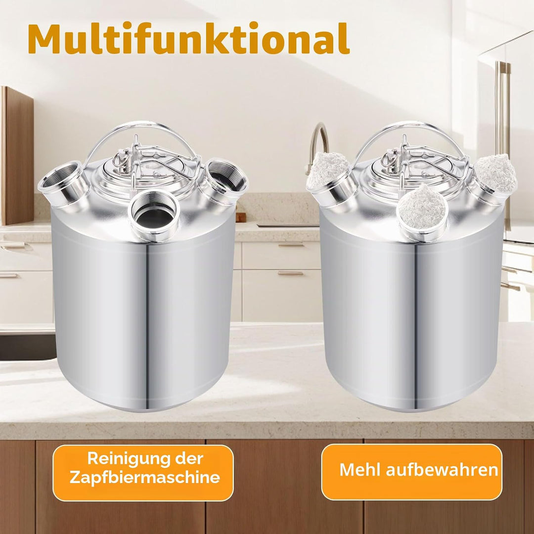 10L Bier Reinigungsfass Edelstahl, 3 Kopf ReinigungsbehäLter mit Deckel und Keg-Spiessen A,A,S, Bier