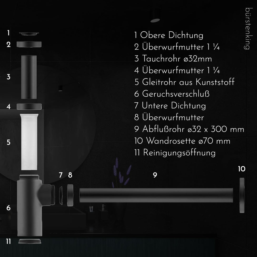 Bürstenking Universal Design Siphon, für Waschbecken und Waschtisch, einfache Montage und Reinigung,