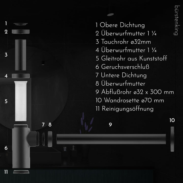 Bürstenking Universal Design Siphon, für Waschbecken und Waschtisch, einfache Montage und Reinigung,
