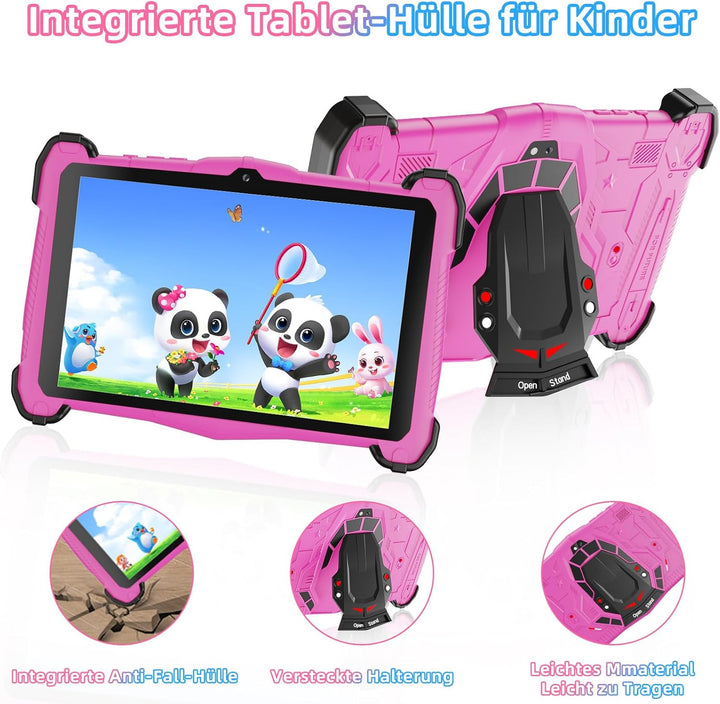 Kinder Tablet 7 Zoll Android 15, Tablet Kinder Sturzschutzgehäuse mit 10GB RAM + 64GB ROM (TF 1TB),