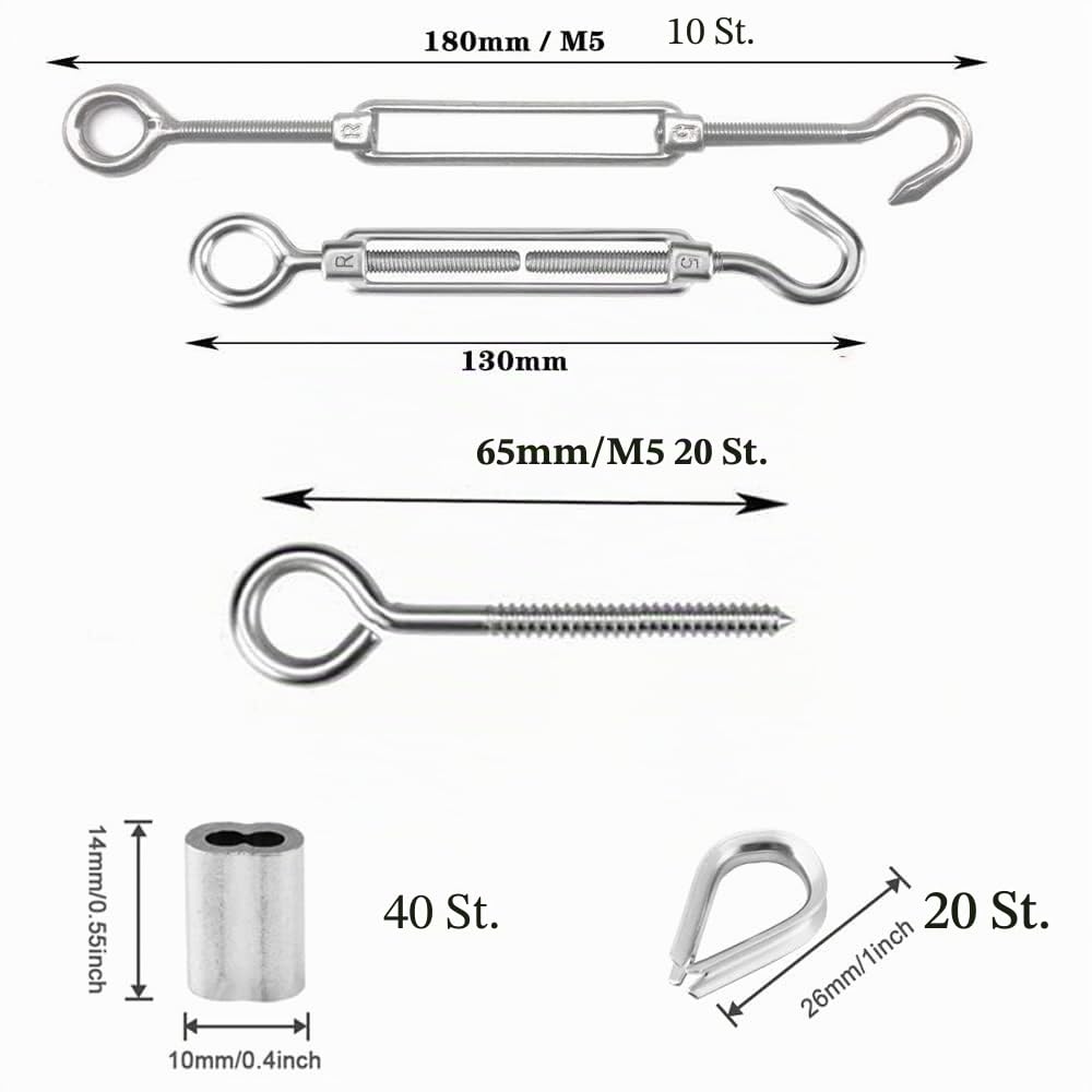 TooTaci 3mm Drahtseil Spanner Set,10 Stück M5 Seilspanner Spannschloss Edelstahl, 20 Stück M5 ösen s