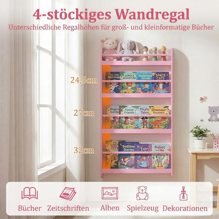 COSTWAY Bücherregal für Kinder, Kinderregal mit 4 Ablagen, Wandregal aus Holz für Spielzeug &amp; Bücher