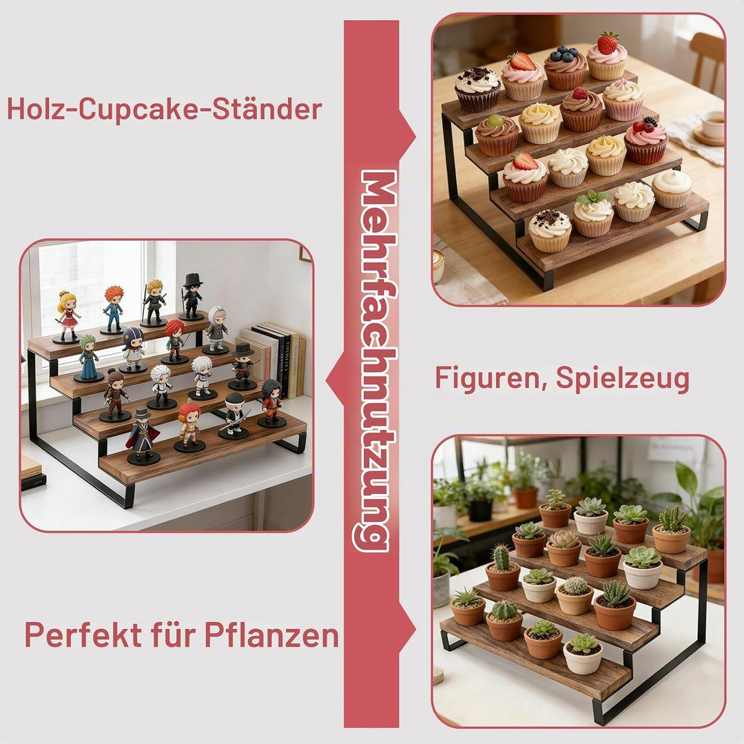 Tortenständer aus Holz für 16 Cupcakes, 4 Etagen Cupcake Ständer Stufenregal für Desserts, Donuts, K