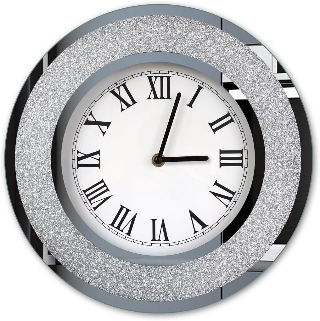 DMDFIRST Bling Silver Round Mirror Clock 12 inch Glam Sparkle Twinkle Shining Mirror Wall Clock for