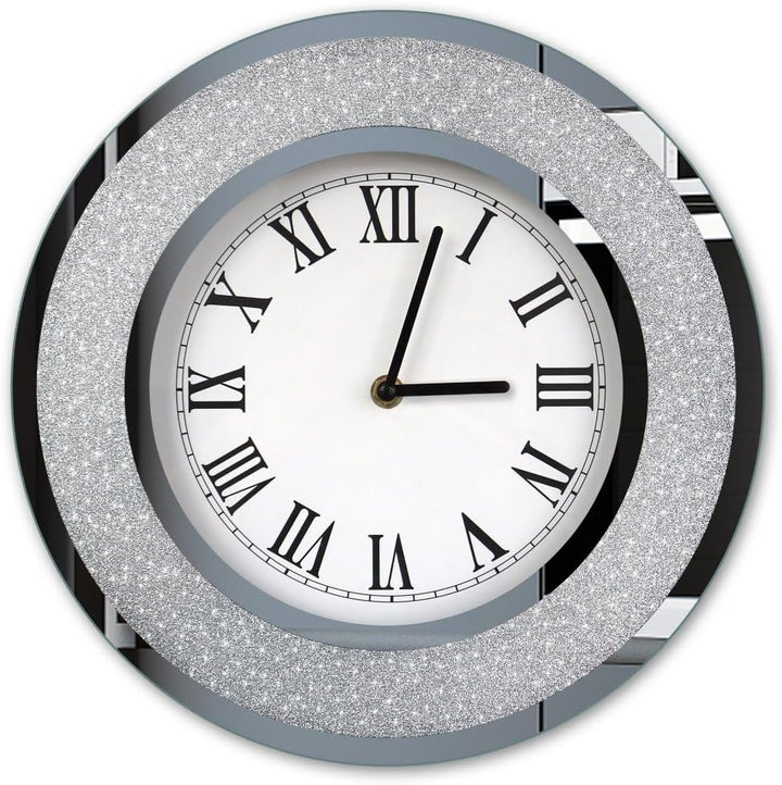 DMDFIRST Bling Silver Round Mirror Clock 12 inch Glam Sparkle Twinkle Shining Mirror Wall Clock for