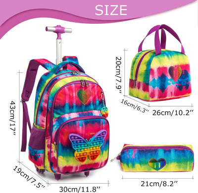 HTgroce Rollrucksack Schulranzen mit Rollen für Mädchen Pop it Rucksack Schulranzen Mädchen Set 3 in