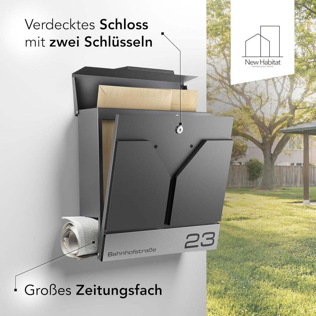 NewHabitat - Briefkasten Valencia personalisiert - Anthrazit RAL 7016 Mit Gravur, Mit Gravur