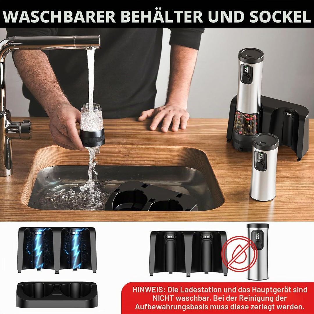 GVODE Elektrische Salz und Pfeffermühle Set, 800mAh Gewürzmühle Elektrisch mit USB Ladung, Edelstahl