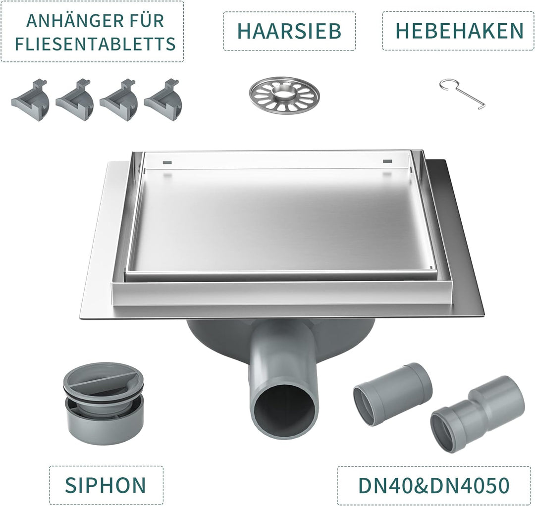 Duschrinne Quadrat 20 * 20cm, 360° Siphon mit Geruchsstop und Haarsieb 2 in1 Befliesbar Edelstahl Ab