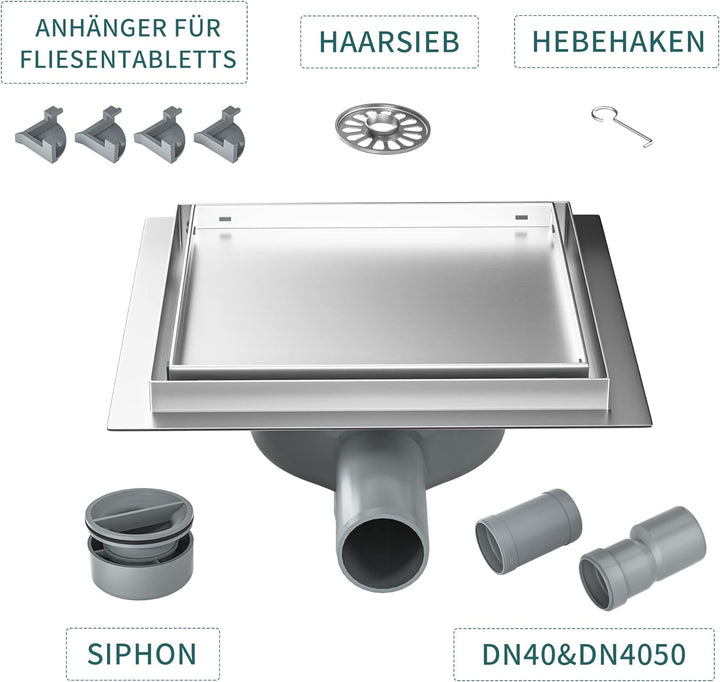 Duschrinne Quadrat 20 * 20cm, 360° Siphon mit Geruchsstop und Haarsieb 2 in1 Befliesbar Edelstahl Ab
