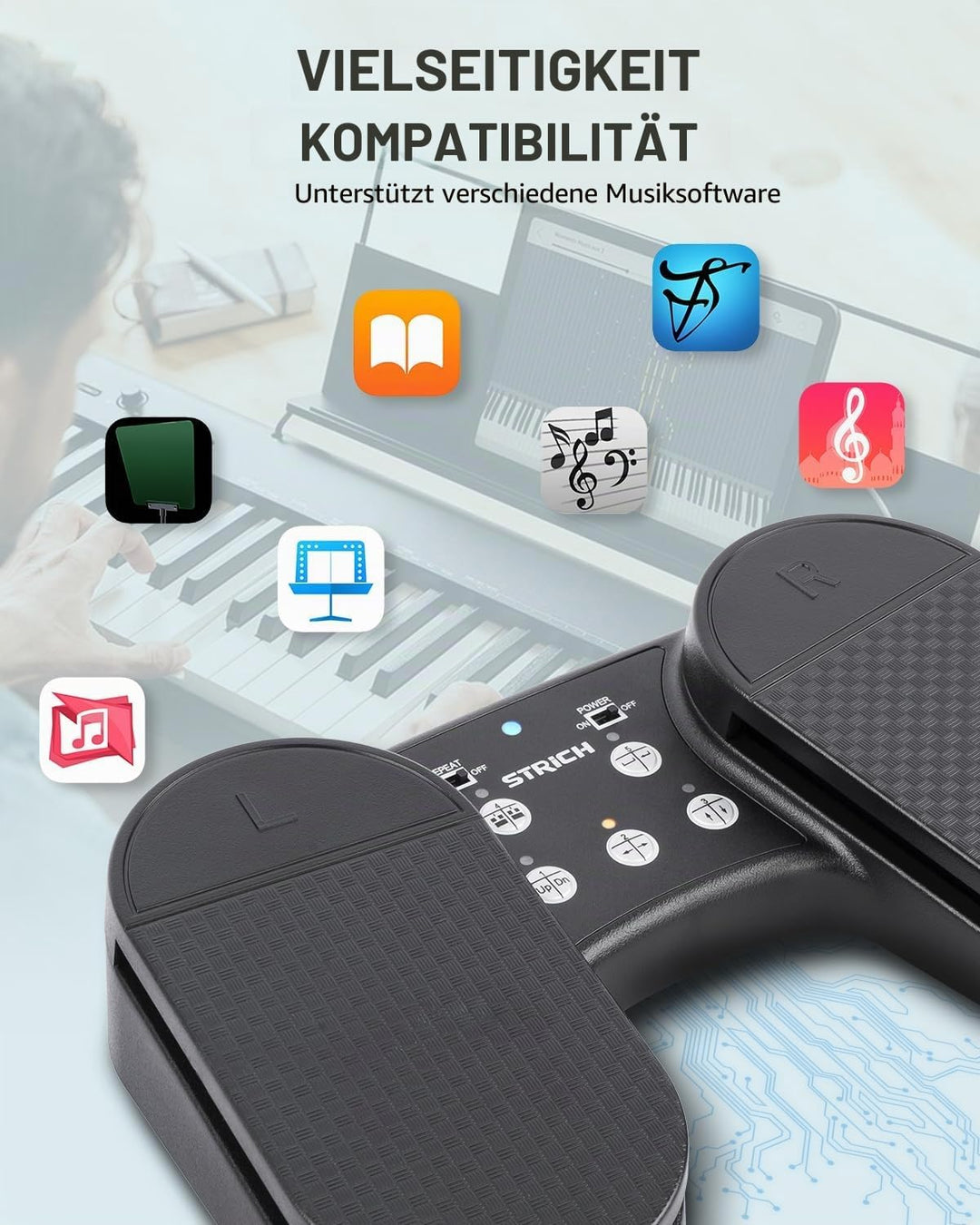 STRICH Drahtloser Page Turner Pedal für iPad, Wiederaufladbares Musikseitenumblätter-Pedal, 5 Modi,