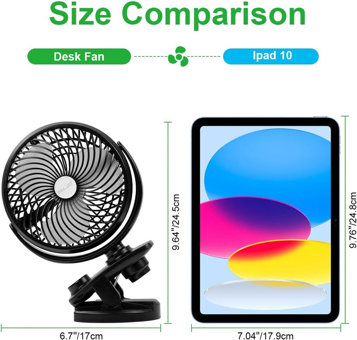 ELZO USB Ventilator Akku, 5000mAh Leise Mini Tischventilator Clip Fan, Auto-Oszillierend, 360° Drehu