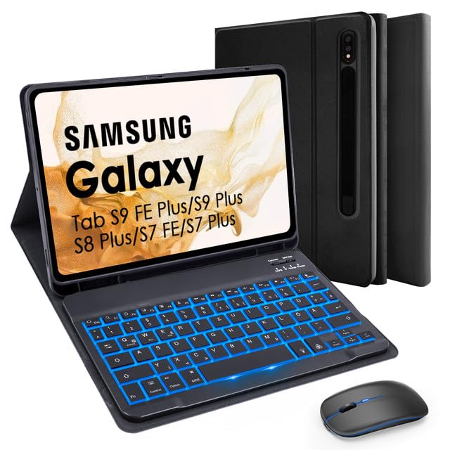 SOPPY Tastaturhülle mit Maus für 12,4'' Samsung Galaxy Tab S10+/S9 FE+/S9 Plus/S8+/S7+/S7 FE, Hülle
