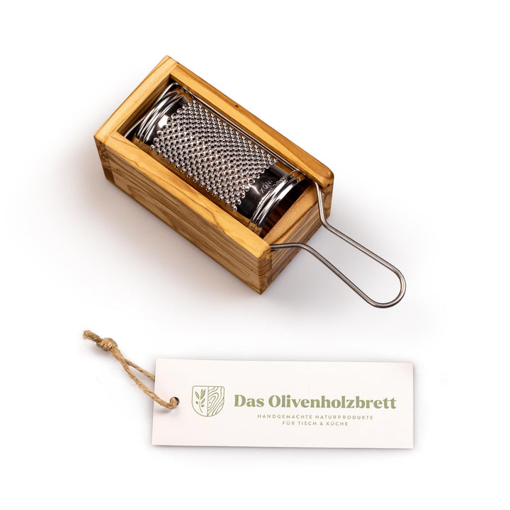 DAS OLIVENHOLZBRETT® Parmesan-Reibe mit Auffang-Behälter aus Olivenholzholz, 2teilig incl Reibe:19cm