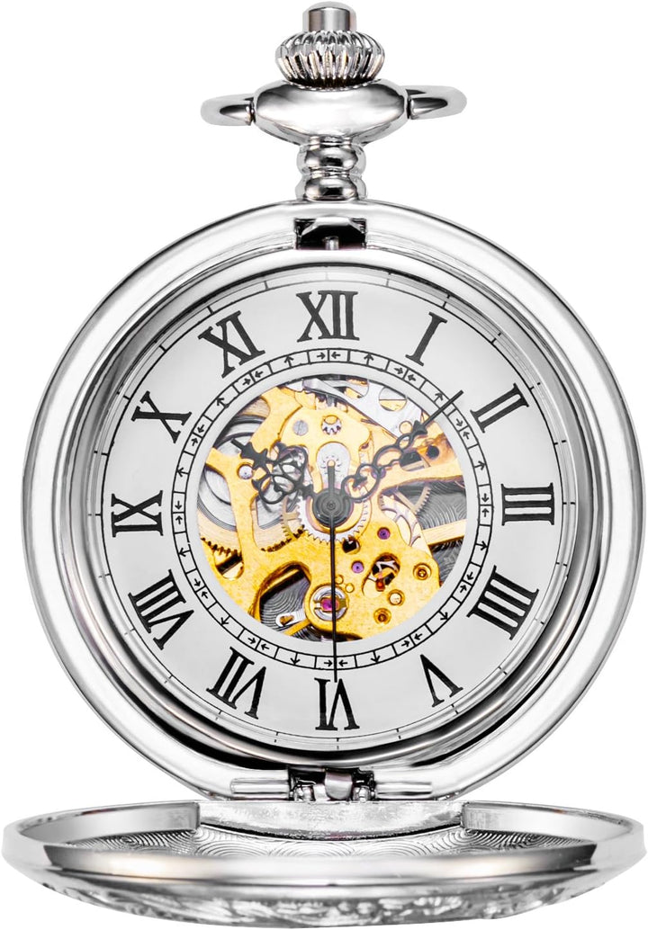 TREEWETO Unisex Taschenuhr mit Kette Analog Handaufzug Doppelscharnier Römische Ziffern Gold/Silber
