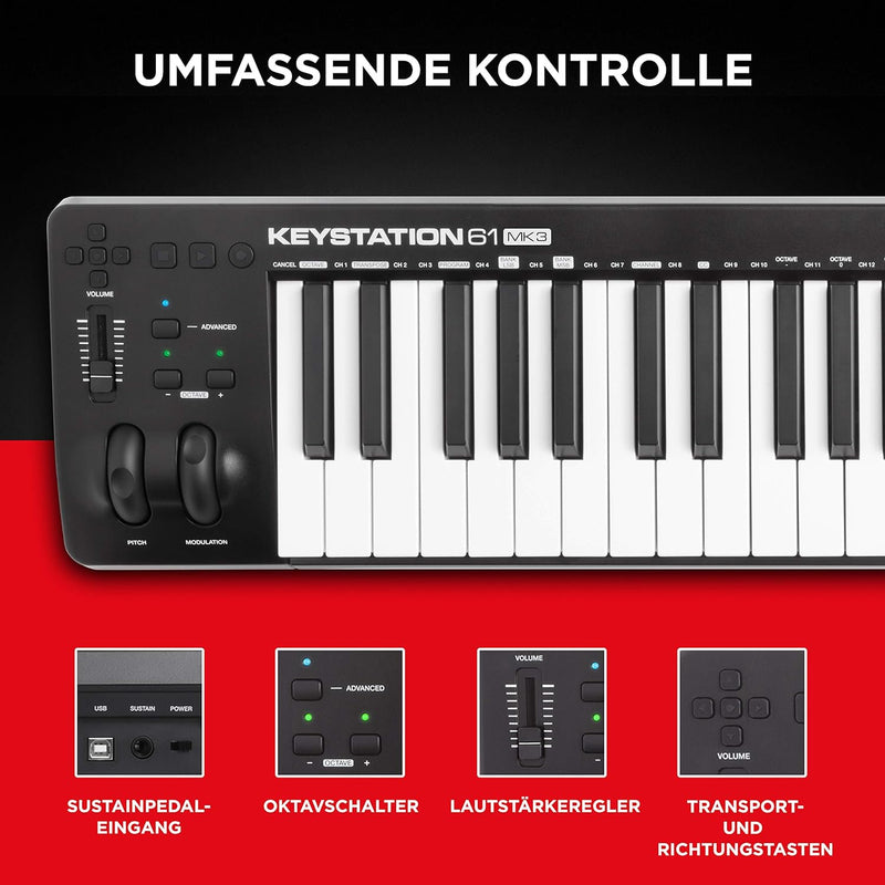 M-Audio Keystation 61 MKIII - Kompakter 61-Tasten MIDI Keyboard Controller mit zuweisbaren Reglern,