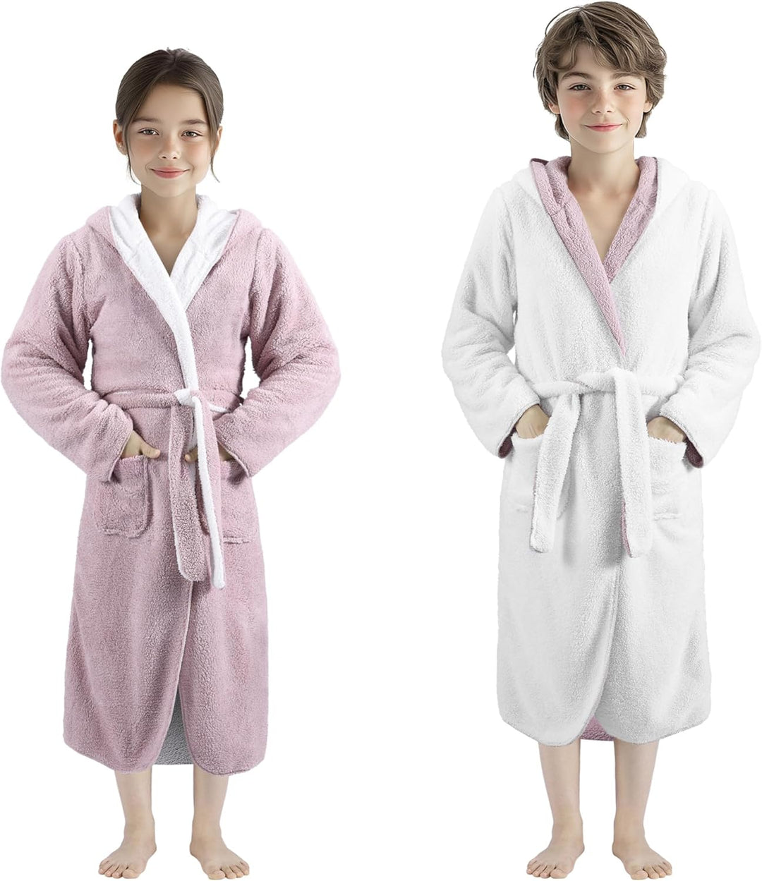HOMELEVEL Kuschelfleece Bademantel für Kinder - Sherpa Morgenmantel mit Taschen Schalkragen Gürtel -