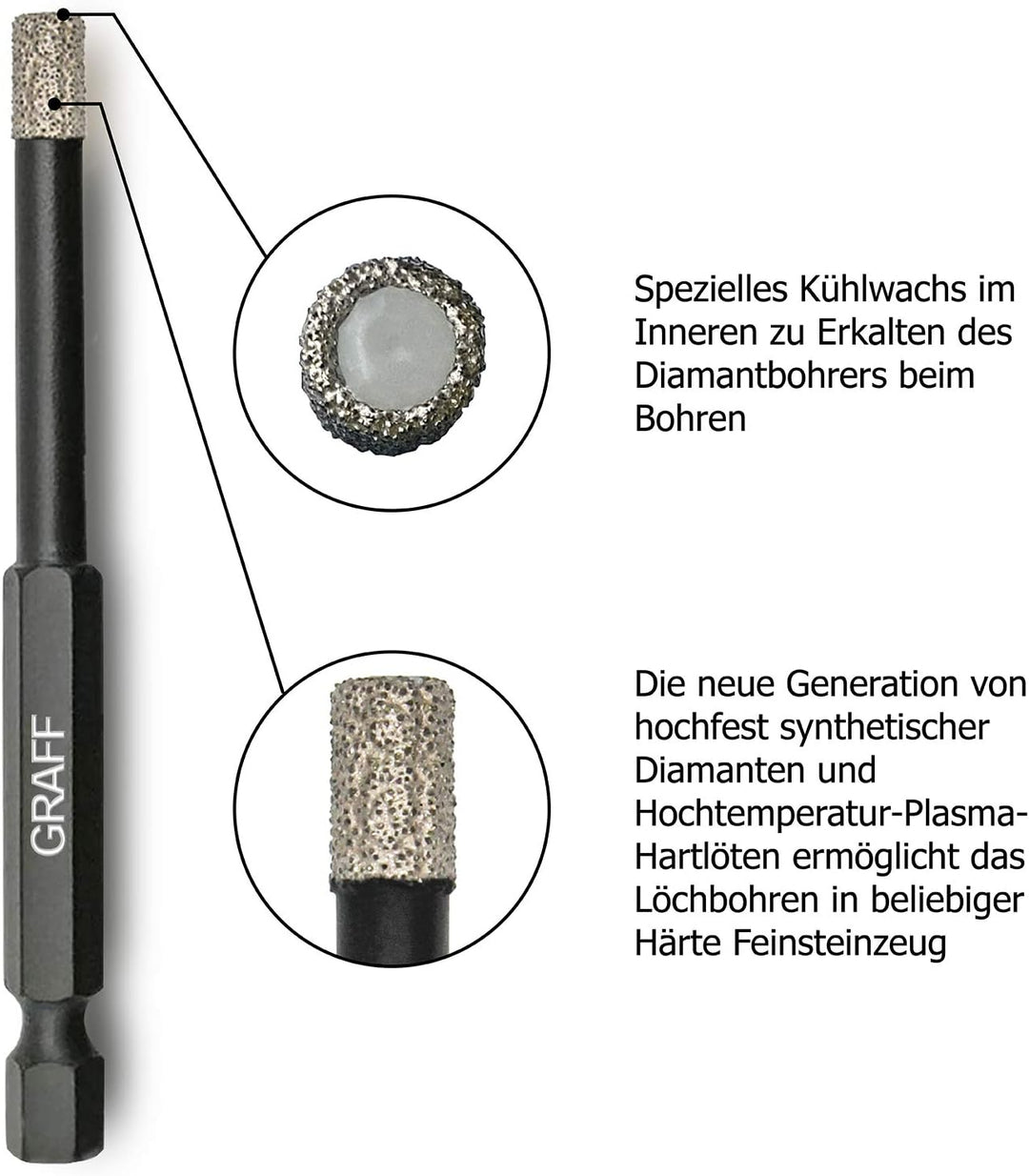 GRAFF Diamantbohrer Fliesenbohrer Set 6 I 8 I 10 mm für Fliesen Glas Кeramik Granit Stein - Feinstei