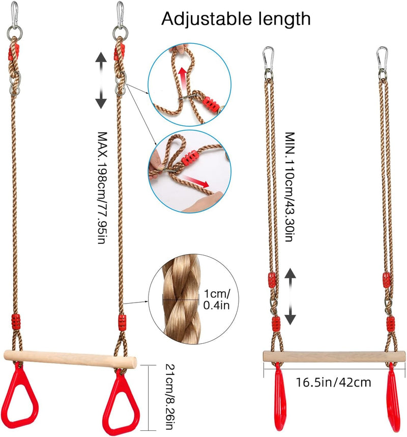 PELLOR Multifunktions Kinderholz Trapeze Schaukel mit Kunststoff Turnringe zum Aufhängen belastbar b