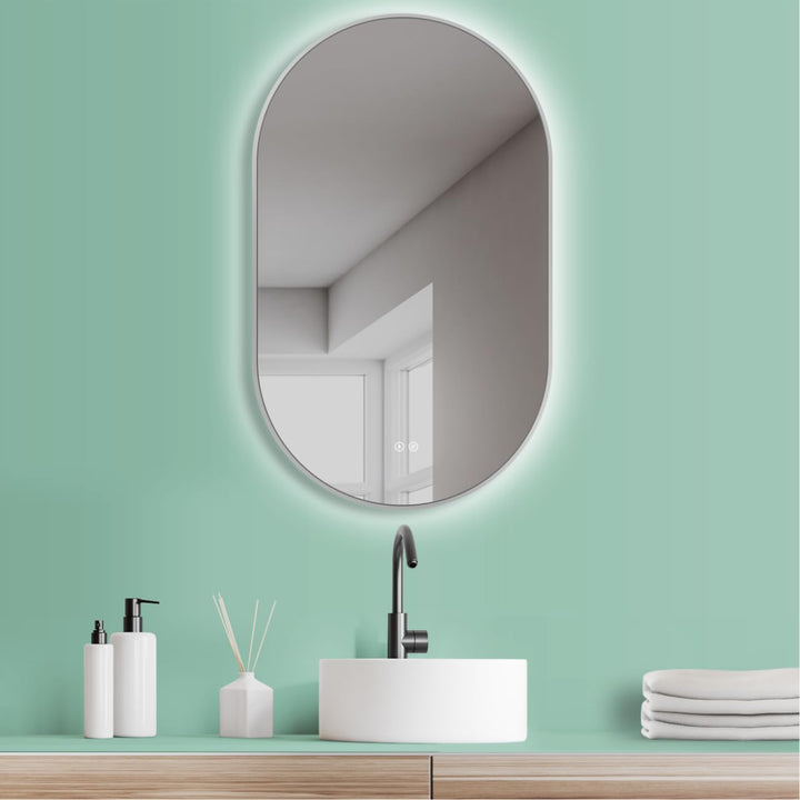 HOKO Design Antibeschlag Badspiegel LED beleuchtet,oval 50x90 cm / 90x50 cm Vittoria mit Metall Rahm