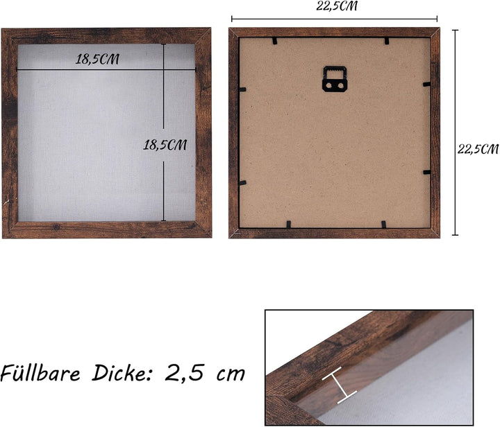 Muzilife 3D Bilderrahmen zum Befüllen mit Glasscheibe 22x22 cm-Tiefer Holz Rahmen, Objektrahmen Shad