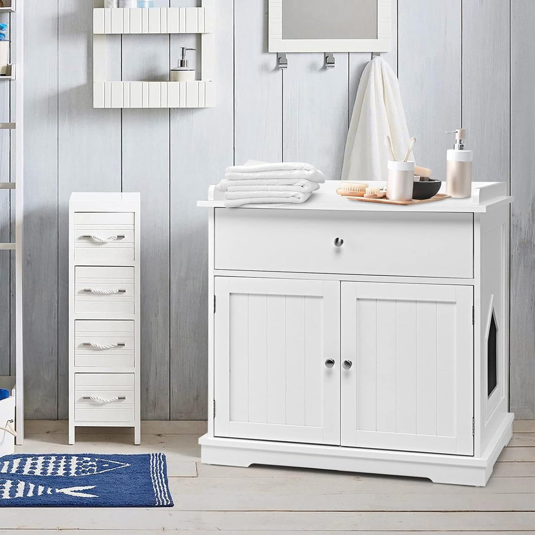 COSTWAY Katzenschrank mit Schublade & Tür & Eingang, 3-in-1 Katzenhaus Katzentoilette Beistelltisch,