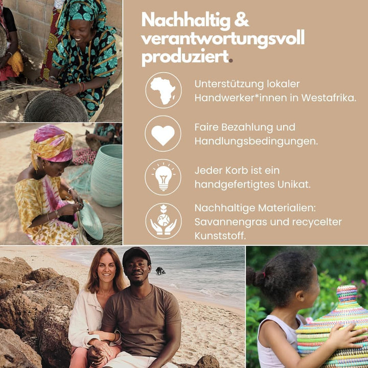 Afrikanischer Wäschekorb mit Deckel | Geflochtener Korb DAKAR | Handgefertigt aus Savannengras und K