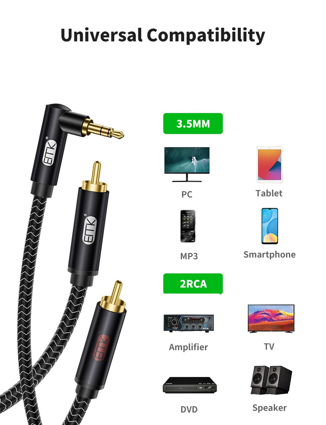 EMK Cinch Kabel Winkelstecker 3,5mm auf 2RCA Kabel 90 Grad 3,5 mm Jack Y Splitter Cable RCA (R&L) Ny