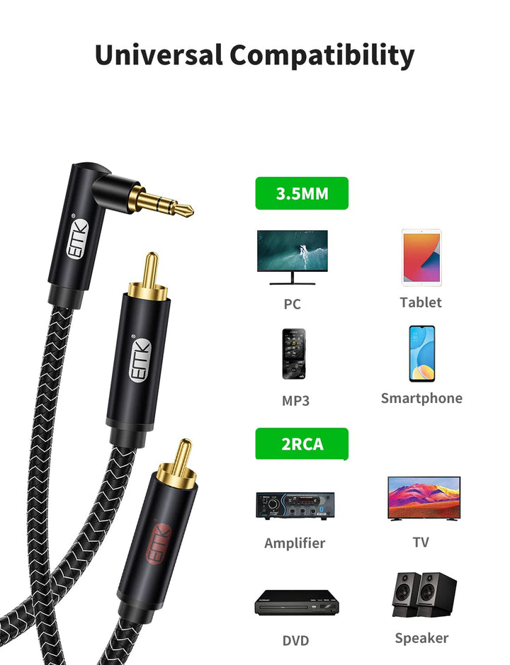 EMK Cinch Kabel Winkelstecker 3,5mm auf 2RCA Kabel 90 Grad 3,5 mm Jack Y Splitter Cable RCA (R&L) Ny