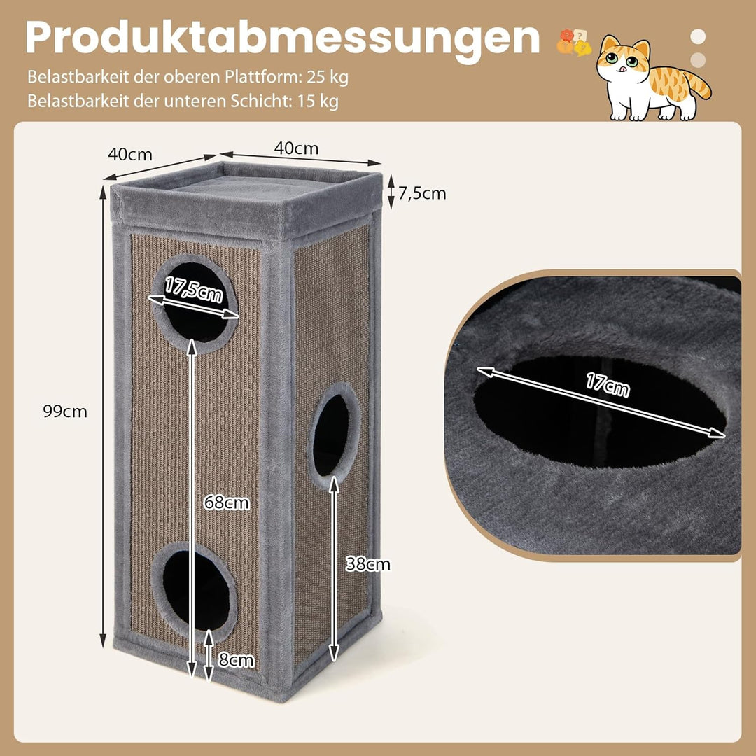 GYMAX Kratztonne 40 x 40 x 99 cm, 4-stöckige Katzentonne mit 3 Höhlen, abnehmbare Plüschkissen &amp; 2 K