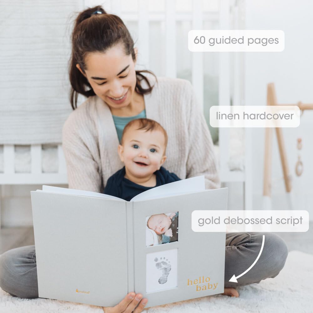 Pearhead Linen Memory Book for Baby Boy or Girl, First 5 Years, Monthly Milestone Scrapbook and Phot